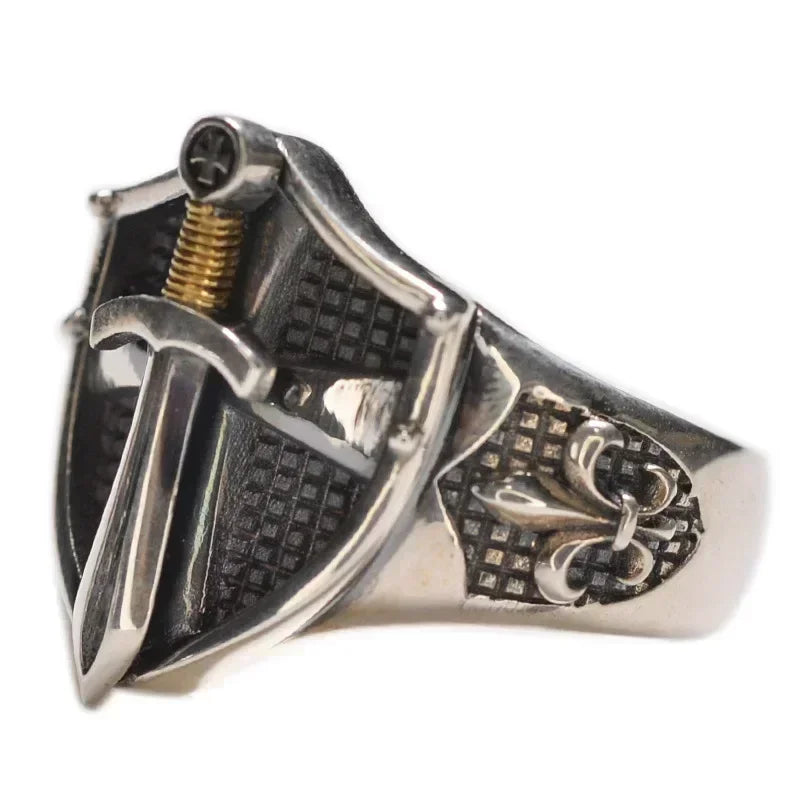 Punk Excalibur Open Ring Vintage Medieval Templar Shield Ring Men's Domineering Cool Trend Jewelry Gift
