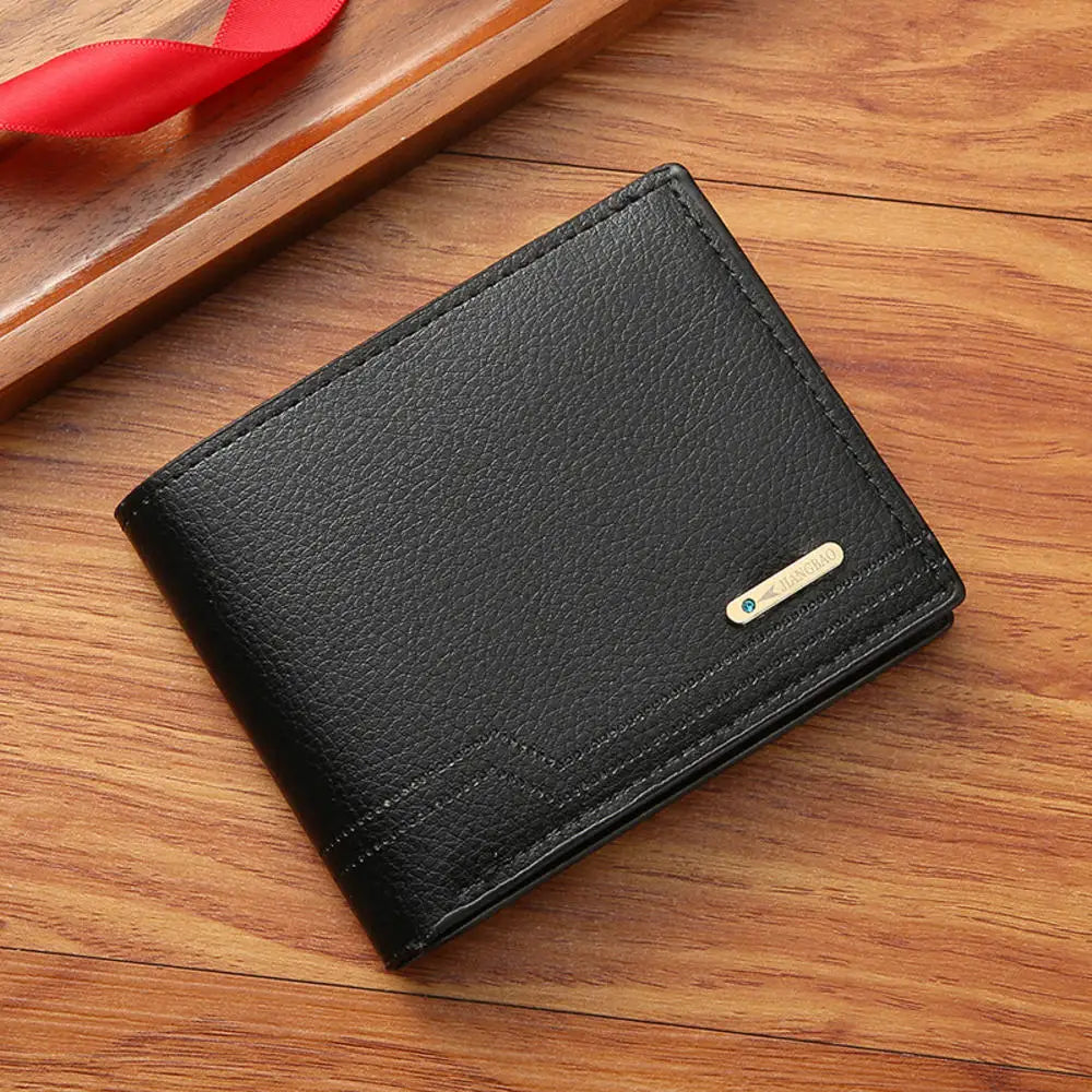 Lychee Texture PU Leather Men's Wallet Short Cash Purse Multi Card Slot Patchwork Card Holder Photo Holder Horizontal Money Clip