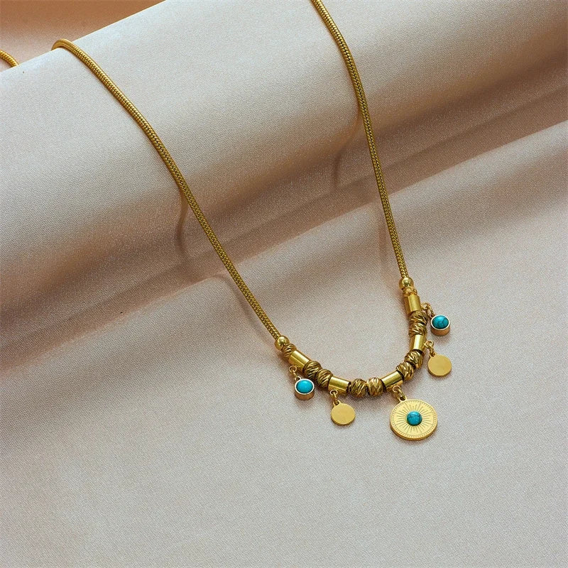 Stainless Steel Gold Color Round Green Stone Pendant Necklace For Women Vintage Ethnic Girls Chain Jewelry Gifts