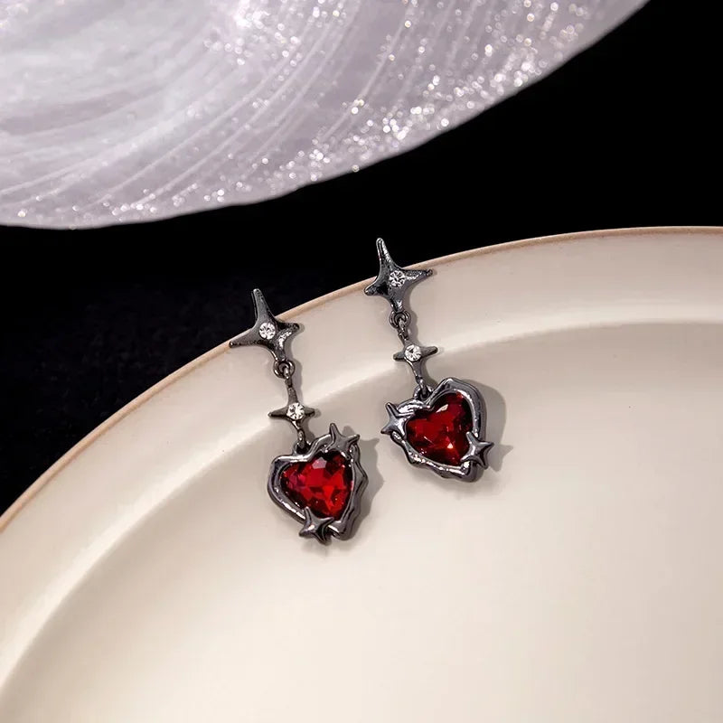 Y2K Goth Heart Cross Star Pendant Earrings for Women Red Zircon Love Earring Gothic Irregular Tassel Stud Earrings Halloween