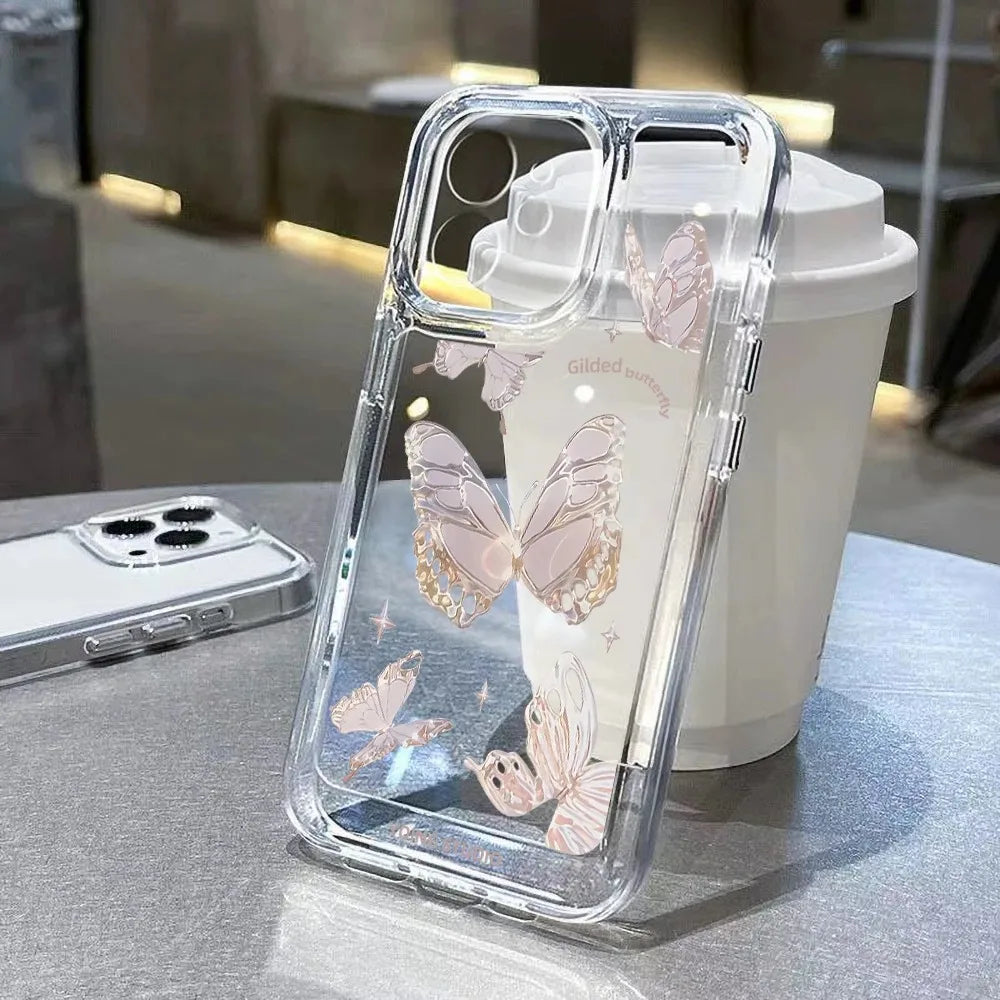 Card Slot Pocket Case For iPhone 11 12 15 14 16 Pro Max 16E XR XS X 7 8 Plus SE 2020 Gold Butterfly Print TPU Shockproof Cover