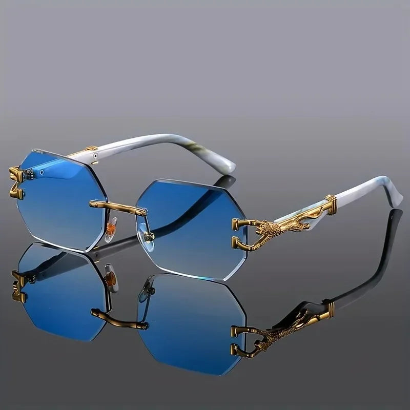 Vintage Rimless Polygonal Metal Frame Sunglasses with Leopard DesignTemples Unisex Outdoor Party Vacation Travel Driving Photo