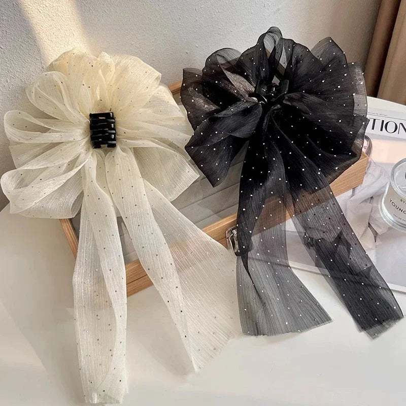 Large Pearl Bow Hair Claw Clip Sweet Elegant Hairpins Women Ponytail Hair Crab Clips Girls Mesh Ribbon Non-slip Hair Accessories