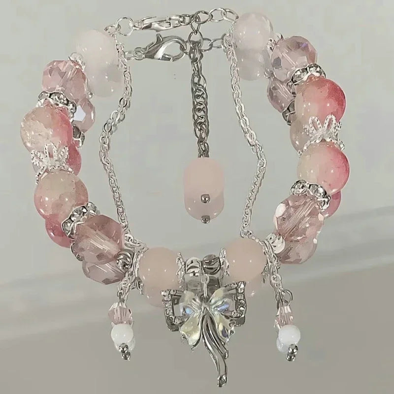 Charm Pink Crystal Beads Bow Pendant Bracelet Women Girls Sweet Cute Star Flowers Tassel Fashion Bracelet Party  Girl