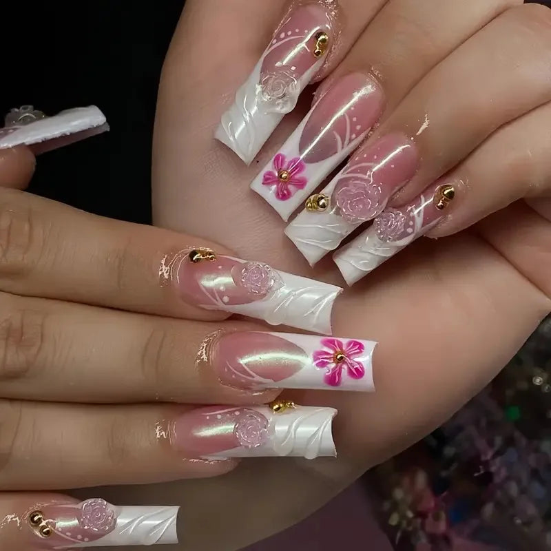 24Pcs Sweet Medium Square False Nails with Glue Blush Pink Flowers Fake Nails Full Cover French Acrylic Press on Nails for Girls