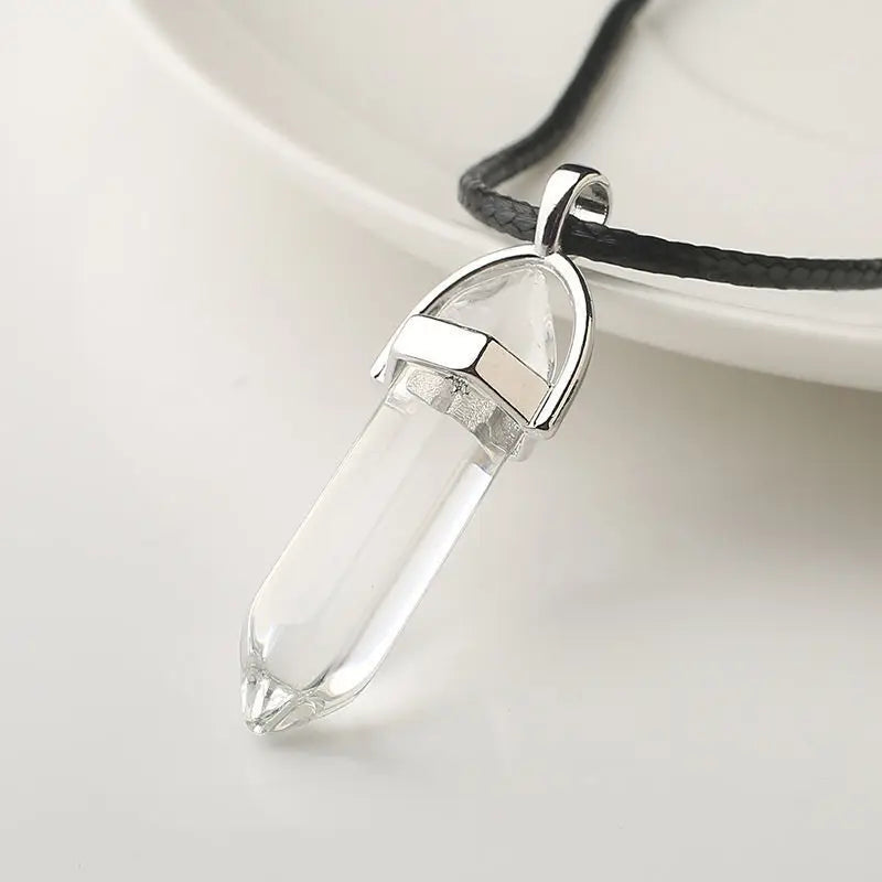 Natural Stone Pendant Necklace Ladies Girls Gift PU Leather Hexagonal Pillar Pointed Jewelry