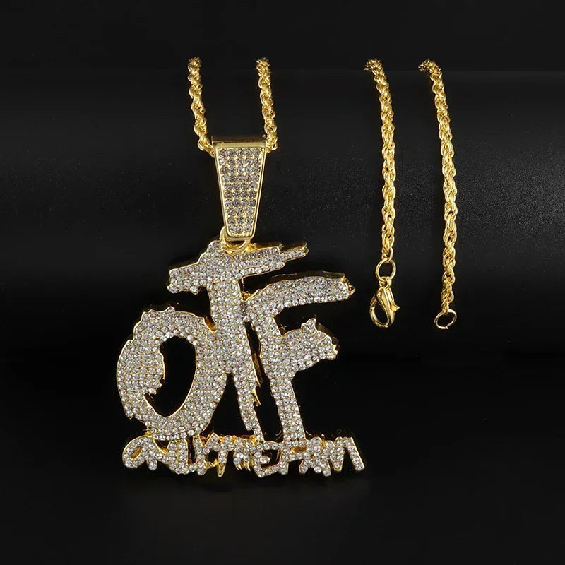 Luxurious Ice Crystal Zirconia Letters Otf Letter Pendant Necklace for Men and Women Fashion Rock Rap Party Jewelry Gift