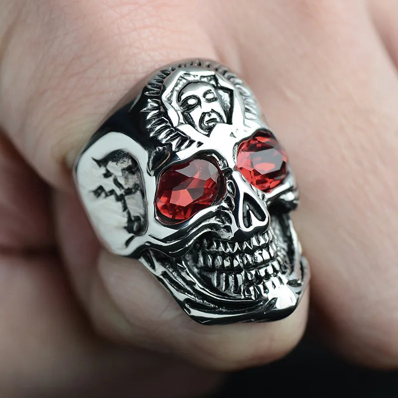Gothic Red Eyes Jesus Skull Ring Men's Christian Punk Hip Hop Rock Trend Jewelry Halloween Gift