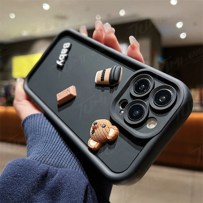 Coffee Bear Shockproof Soft Phone Case For iPhone 15 14 13 12 11 Pro Max X XR 7 8 Plus Candy Liquid Silicone Bumper Back Cover