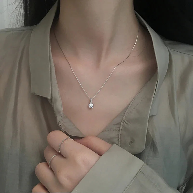 Silver Color Single Zircon Necklace for Women Clavicle Chain Silver Color Jewelry Choker