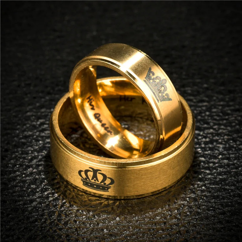 Gold Colour King Queen Crown Stainless Steel Couple Rings for Lovers Promise Men Women Valentine's Day Gifts