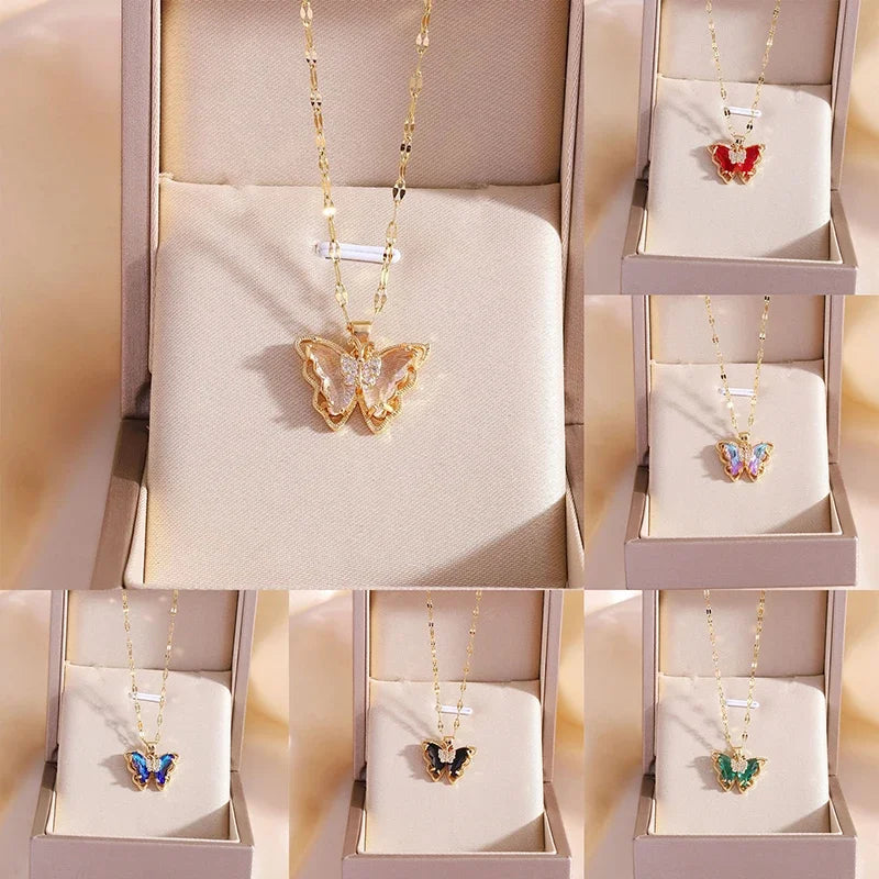 Micro-inlaid Crystal Butterfly Necklace Fashion European American Style Cute Classic Light Luxury Transparent Clavicle Chain