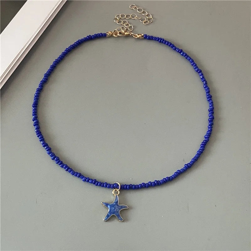 4 Colors Fashion Starfish Choker Necklace for Men Women White Black Blue Colorful Rice Beads Gift for Friend  Short Collar