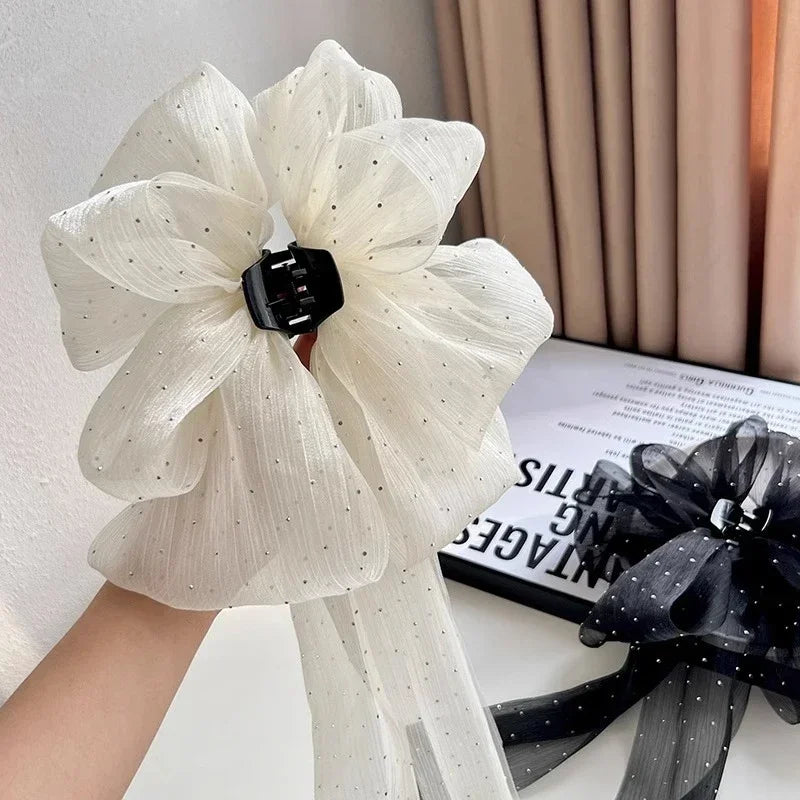 Large Pearl Bow Hair Claw Clip Sweet Elegant Hairpins Women Ponytail Hair Crab Clips Girls Mesh Ribbon Non-slip Hair Accessories