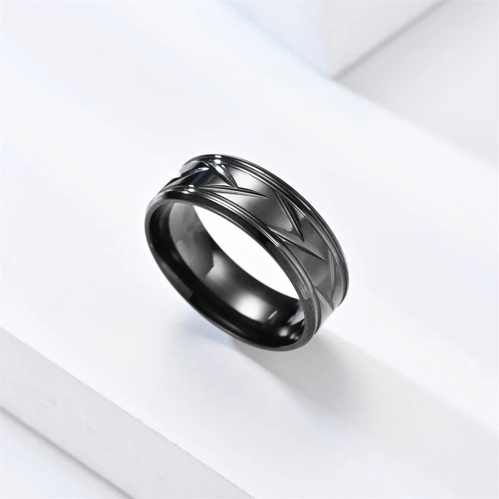 Fashion Men’s Silver Color Black Stainless Steel Ring Groove Multi-Faceted Ring for Men Women Engagement Ring Anniversary Gifts