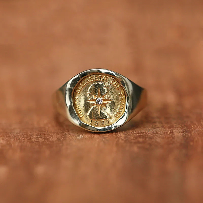 Creative Handmade Coin Open Ring Fashion Trend Elizabeth Brass Coin Adjustable Ring Women Jewelry Gift