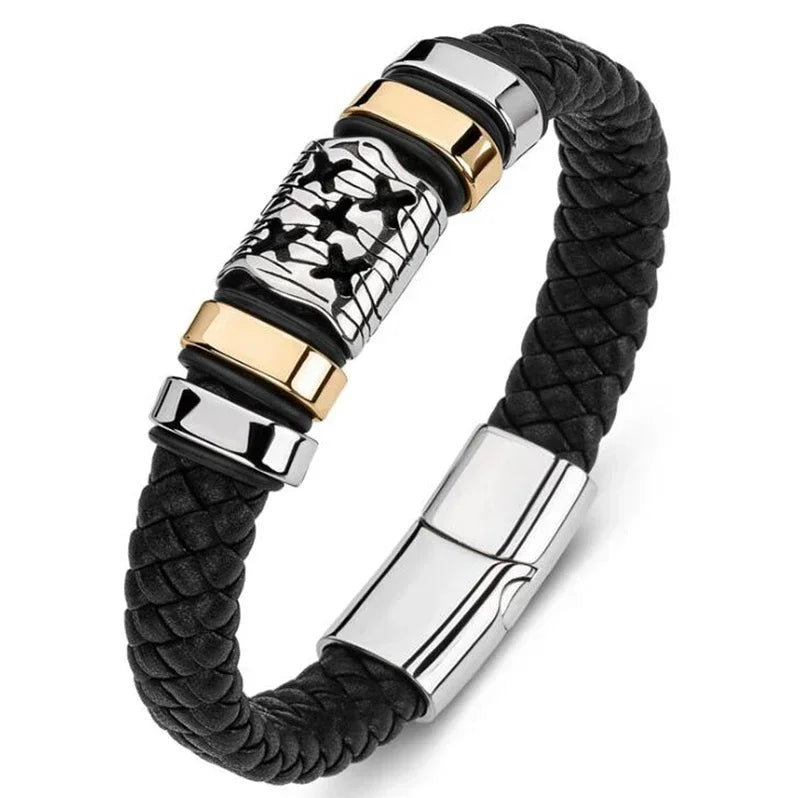 Classic Vintage Magnetic Buckle X Pendant Black Leather Bracelet, Suitable for Men\\\\\\'s Fashion Casual Rock Jewelry