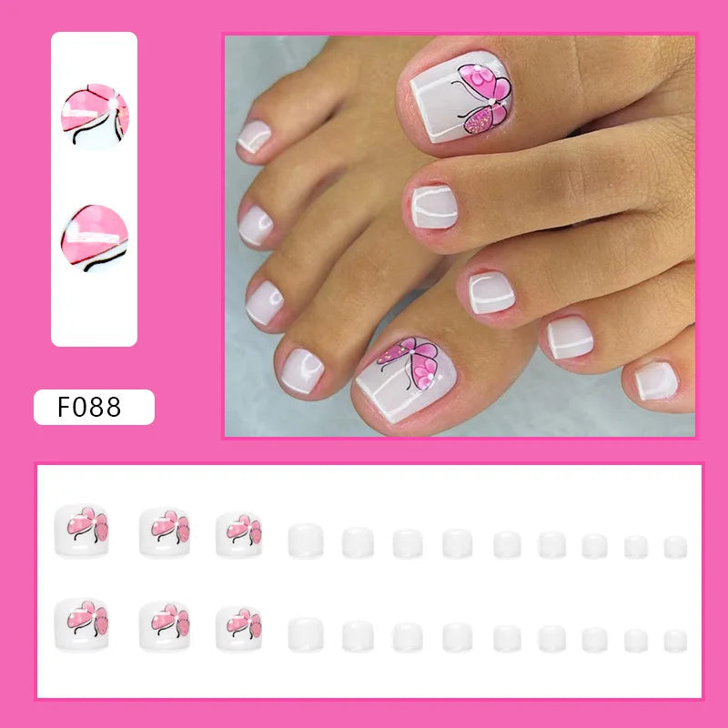Flash Pile Drill Press on Nails Fake Nails Tips with Sticker False Toenail Design Butterfly Lovely Girl False Toenail