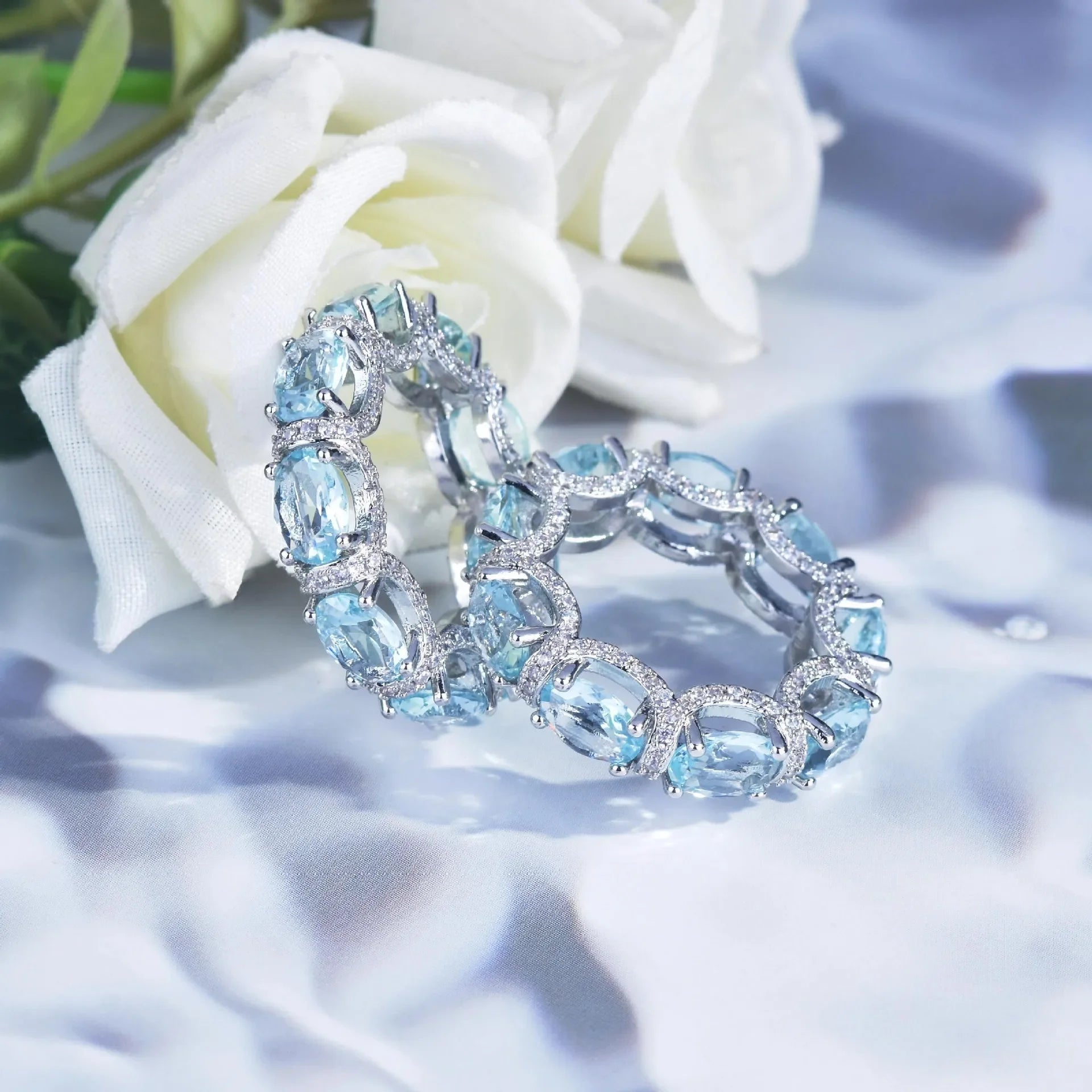 Fashion Jewelry Set for Women Round Aquamarine Bracelet Ring Sets Zircon Bridal Decoration Accessory Banquet Luxury Chain Gifts