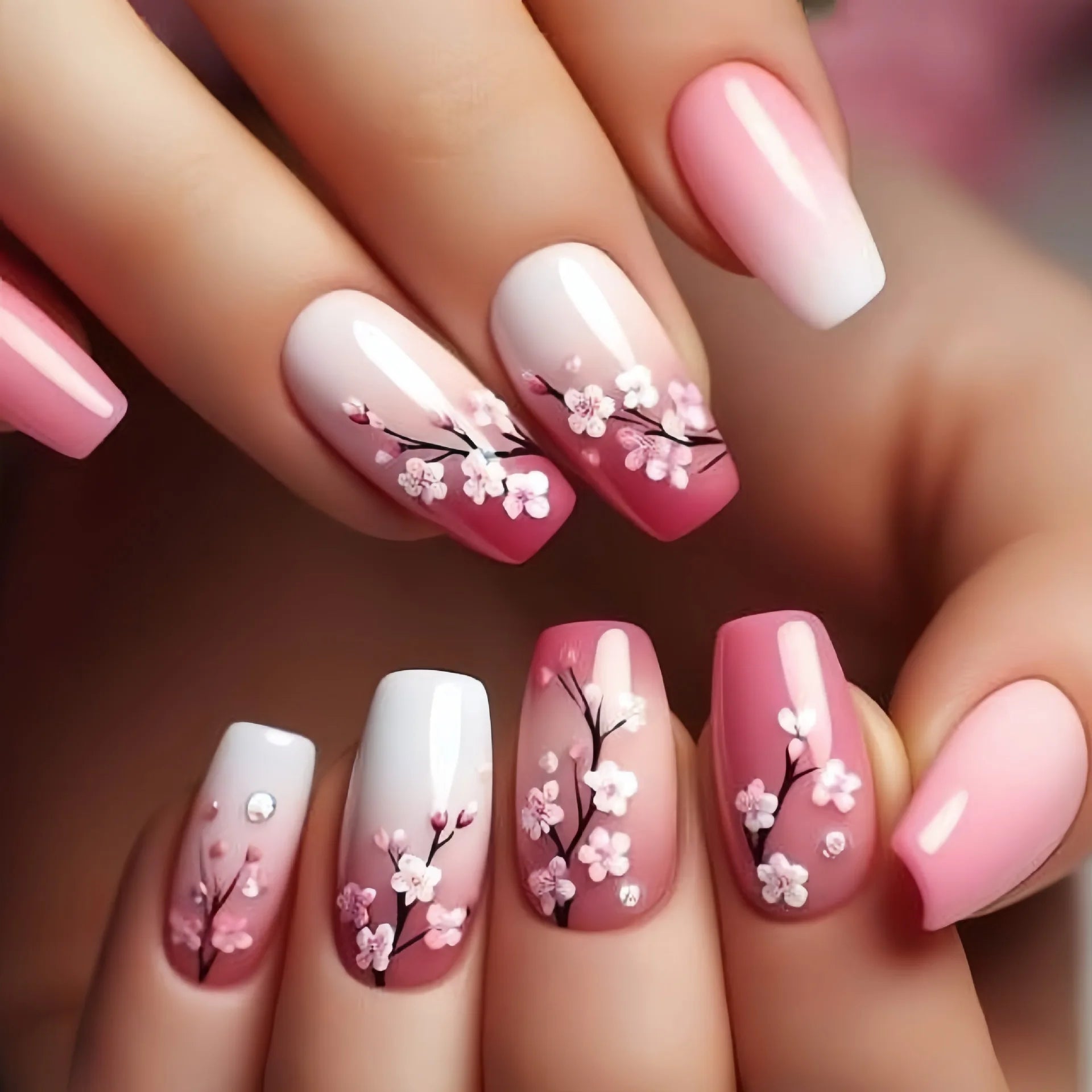 24pcs Mini Flower Press on Nails with Glue Painting Floral Acrylic Fake Nails Spring Design Short Square False Nails for Girls
