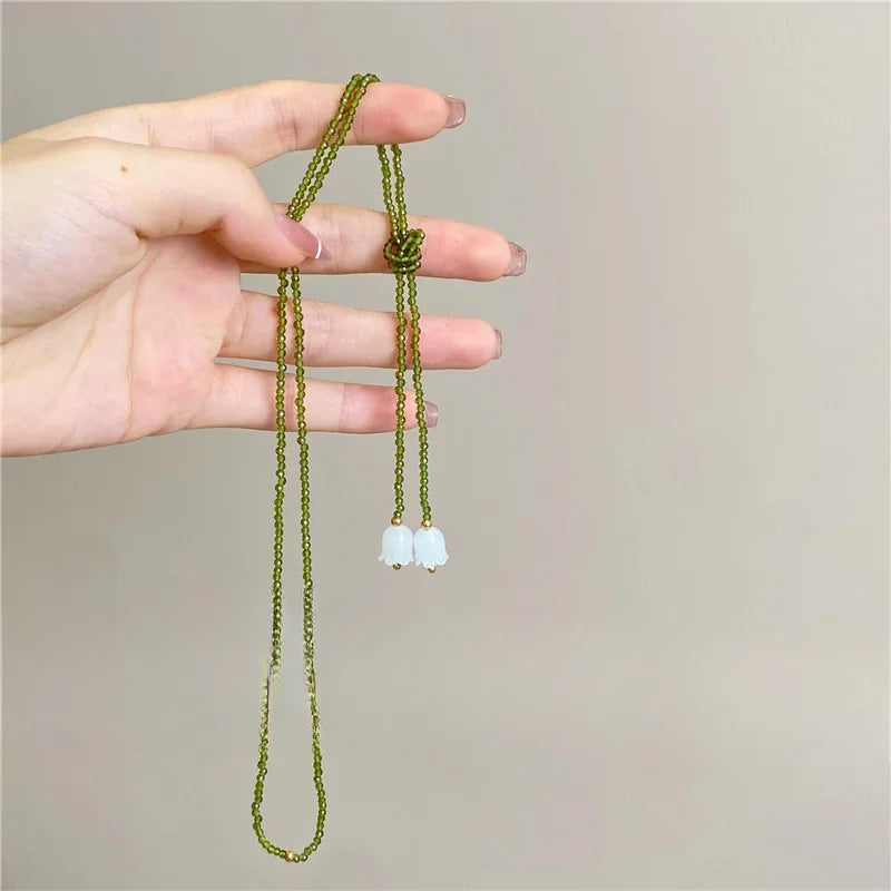 White Lily of The Valley Necklace Women Long Sweater Chains 2025 New Summer Green Necklace Pearl Flower Pendant Choker Jewelry