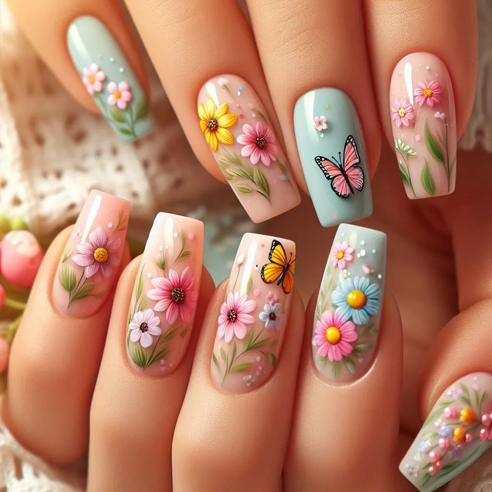 24pcs Mini Flower Press on Nails with Glue Painting Floral Acrylic Fake Nails Spring Design Short Square False Nails for Girls