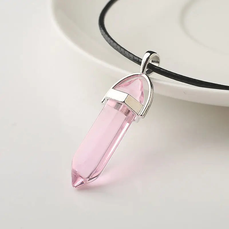 Natural Stone Pendant Necklace Ladies Girls Gift PU Leather Hexagonal Pillar Pointed Jewelry