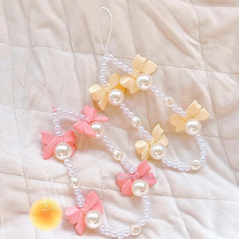 1pc Charm Bowknot Mobile Phone Chains For Women Girls Telephone Charm Strap Pink Black Acrylic Pearl Beaded Lanyard Jewelry Gift
