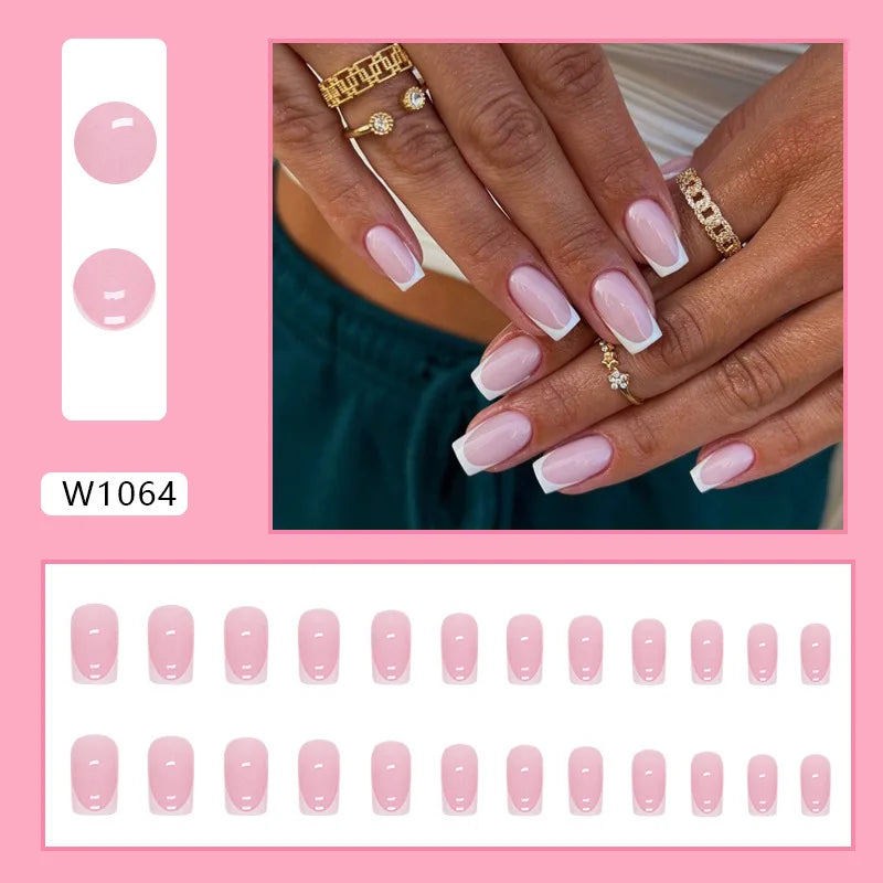 Sweet French 24 Pcs Press on Nails Pink Gradient Fake Nails Glossy Artificial Finger Manicure Reusable False Nails for Women