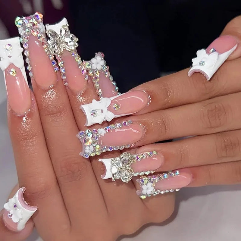 24Pcs Sweet Cool Spice Girl Press on Nails Black French Bow False Nails Y2k Star Glitter Diamond Nail Long Square Gel Fake Nails