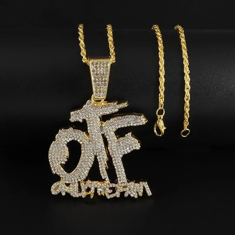 Luxurious Ice Crystal Zirconia Letters Otf Letter Pendant Necklace for Men and Women Fashion Rock Rap Party Jewelry Gift