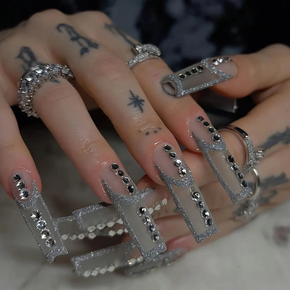 24Pcs Sweet Cool Spice Girl Press on Nails Black French Bow False Nails Y2k Star Glitter Diamond Nail Long Square Gel Fake Nails