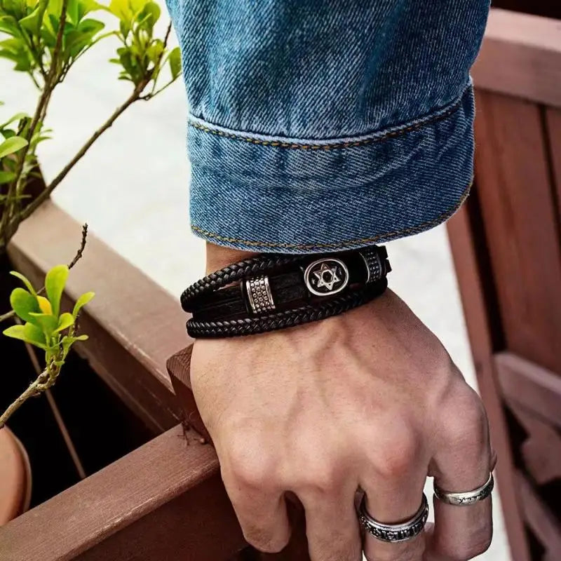 Fashion Star of David Multilayer Leather Braided Bracelet with Magnetic Clasp Men\\\\'s Vintage Judaica Amulet Jewelry
