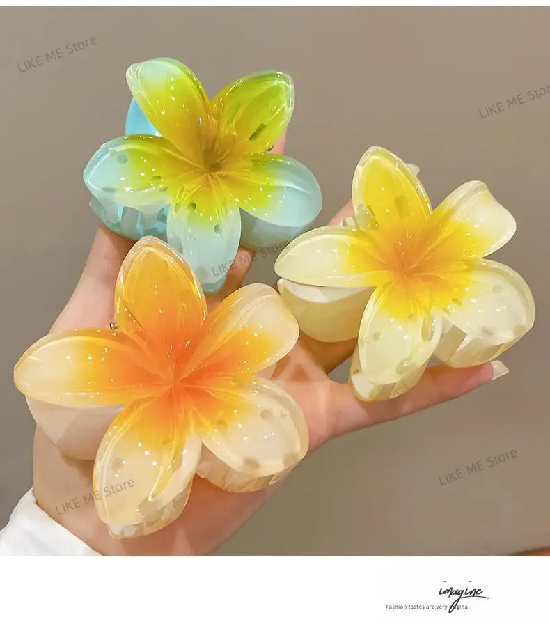 Hawaiian Flower Crab Hair Clips for Women Plumeria Barrettes Large Hair Claw for Thin/Thick Beach Hair Accessories for Girls 8cm