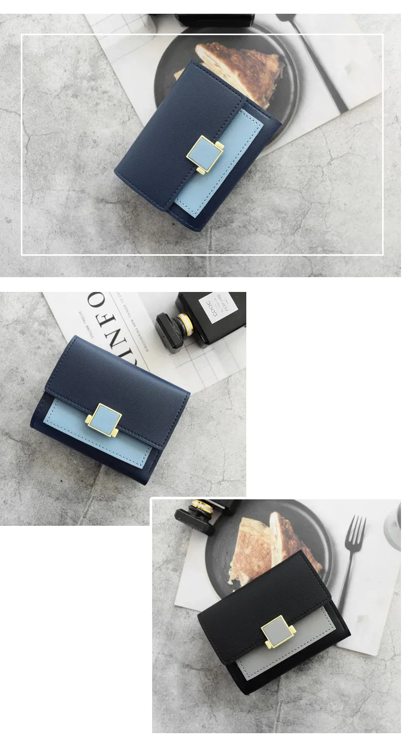 Patchwork Short Women's Wallet Fashion Square Clutch Money Credit Multiple Card Holders Metal Buckle Tri-Fold Ladies Coin Purse