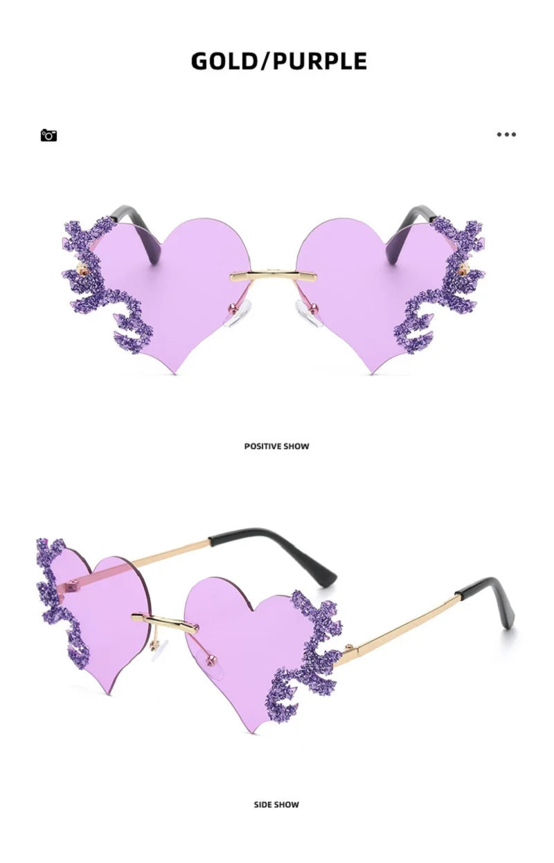 2024 Fashion Heart Shaped Sunglasses Luxury Diamond Funny Personality Rimless Sun Glasses Halloween Party Christmas Decoration