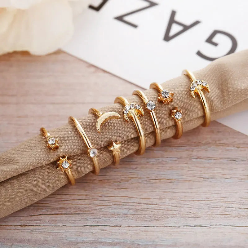 Vintage Korean Gold Silver Color Pearl Rings Set Jewelry For  Girls Butterfly Hollow Heart  Ring For Women Accessories