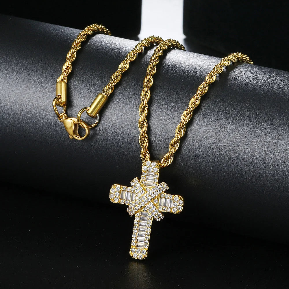 Hip Hop Cross Pendant Rope Box Chain Necklaces for Men Women Luxury Inlaid CZ Punk Personality Rapper Accessory Fashion Jewelry