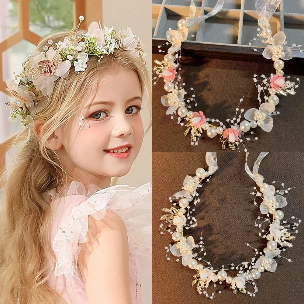 Elegant Girls Headband Imitated Pearl Hair Headdress Baby GirlsFlower Wreath Bride Garland Head Hoop Wedding Headbands Hair