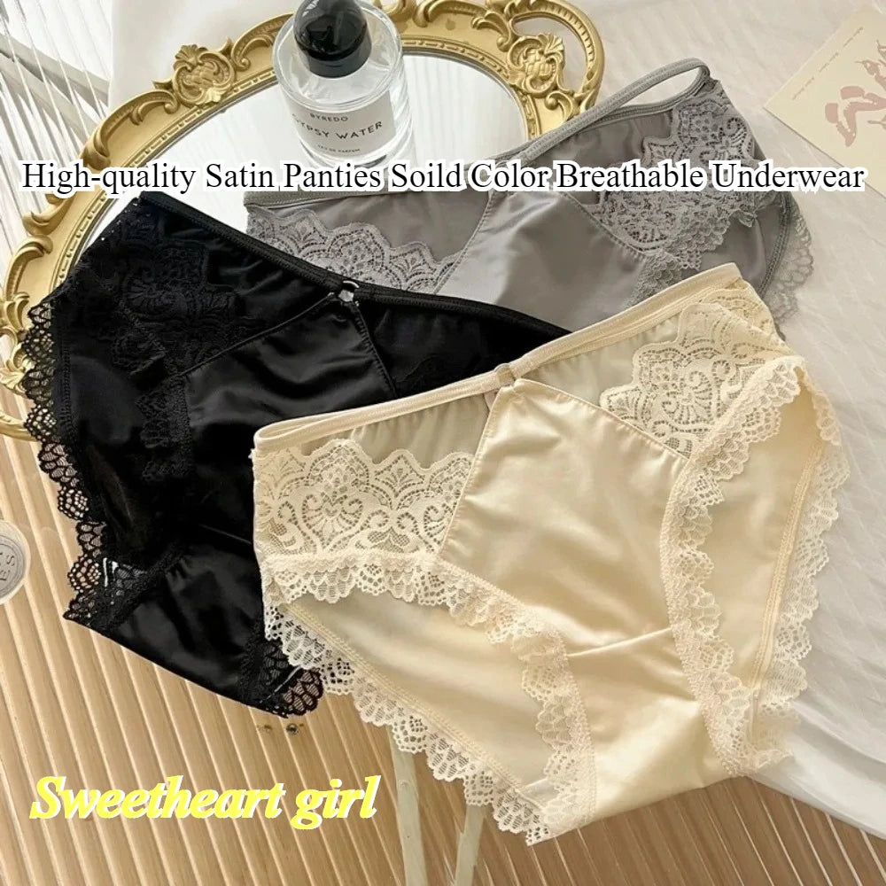 High-quality Satin Panties Soild Color Breathable Underwear Women French Sexy Lace Bow Lingerie Mid-waist Thin Mesh Briefs 도매