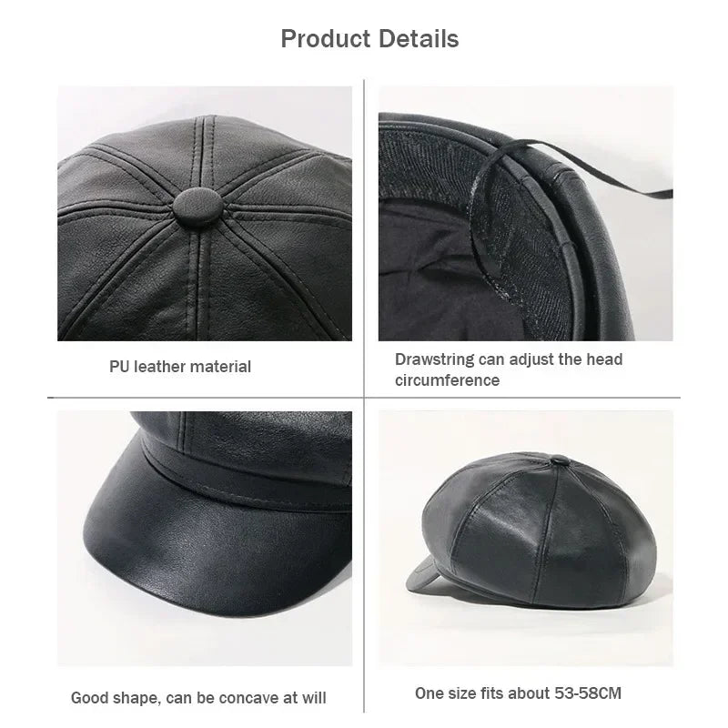 8 Panels Newsboy Caps for Women PU Leather Cabbie Painter Hat Gatsby Ivy Beret Cap