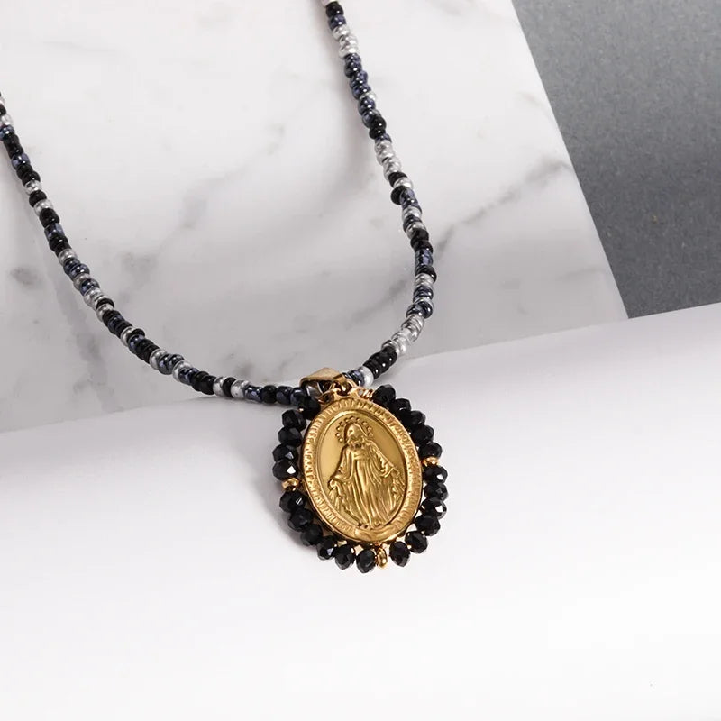 Beautiful Stainless Steel Catholic Virgin Mary Portrait Square Pendant Necklace for Men and Women Religious Catholic Jewelry