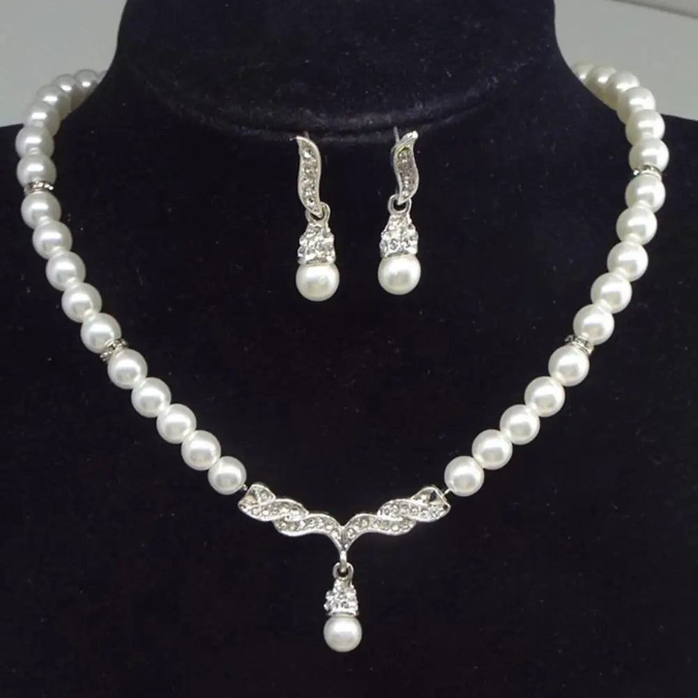 Necklace Earrings Women Jewelry Set Faux Pearl Bridal Wedding Alloy Party Studs Necklace Earrings Set Gifts