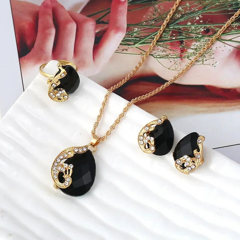 4PCS Trendy Water Droplets Peacock Jewelry Set Crystal Elegant Creative Series Peacock Exquisite Crystal Korean Edition Jewelry