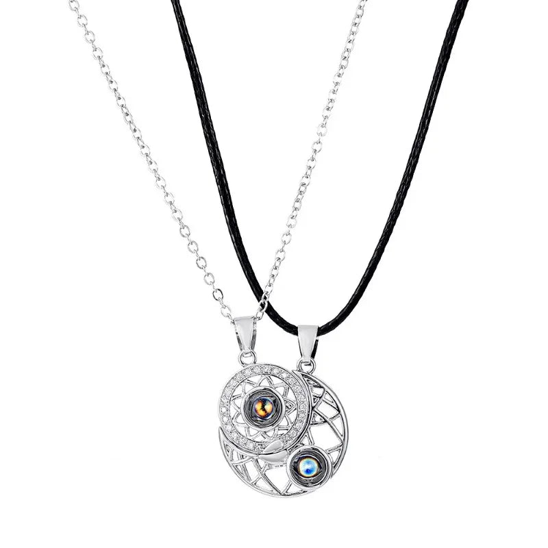 Fashion Couple Matching Necklace Sun Moon Necklaces for Lovers Gift Heart Magnetic Paired Pendant Jewelry Chain Choker 2 Pcs/set