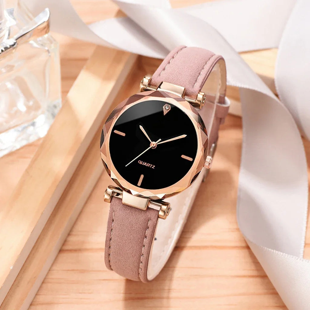 Luxury Fashion Women Watch Set PU Leather Strap Ladies Quartz Wristwatch Rhinestone RoseGold Alloy Bracelet For Ladies Gift