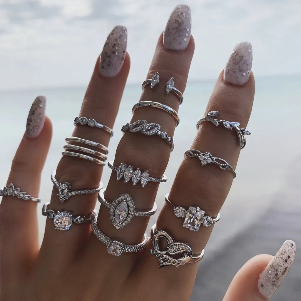 Vintage Korean Gold Silver Color Pearl Rings Set Jewelry For  Girls Butterfly Hollow Heart  Ring For Women Accessories