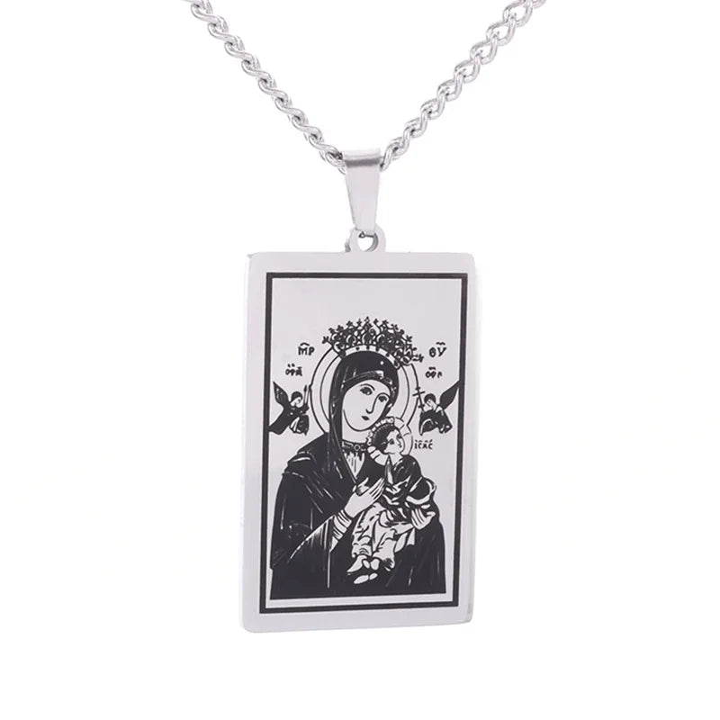 Beautiful Stainless Steel Catholic Virgin Mary Portrait Square Pendant Necklace for Men and Women Religious Catholic Jewelry