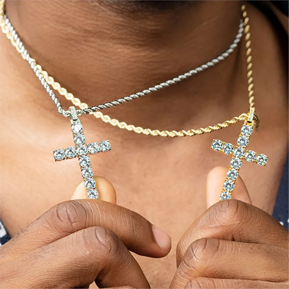 Cross Iced Out Pendant Necklace For Men Hip Hop Delicate Gold Color Cuban Rope Rapper Homme Chain on Neck Accessories OHP145