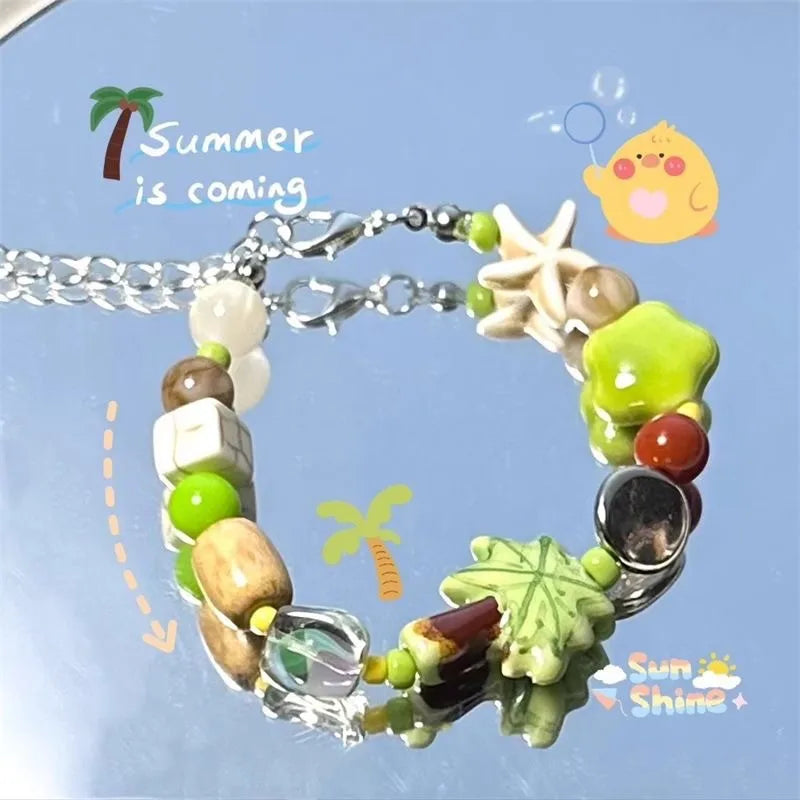 Women Summer Dopamine Sweet Cool Rhinestone Stars Bracelets Cute Cartoon Black Cat Heart Beads Bracelet Fashion Jewelry Gifts